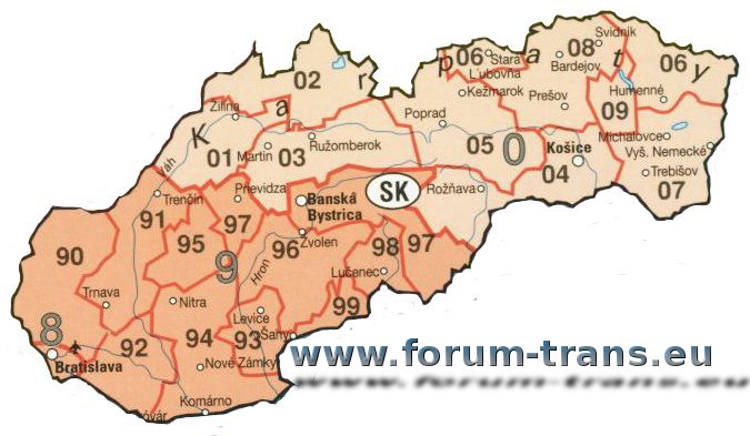 Słowacja Mapa kodow pocztowych